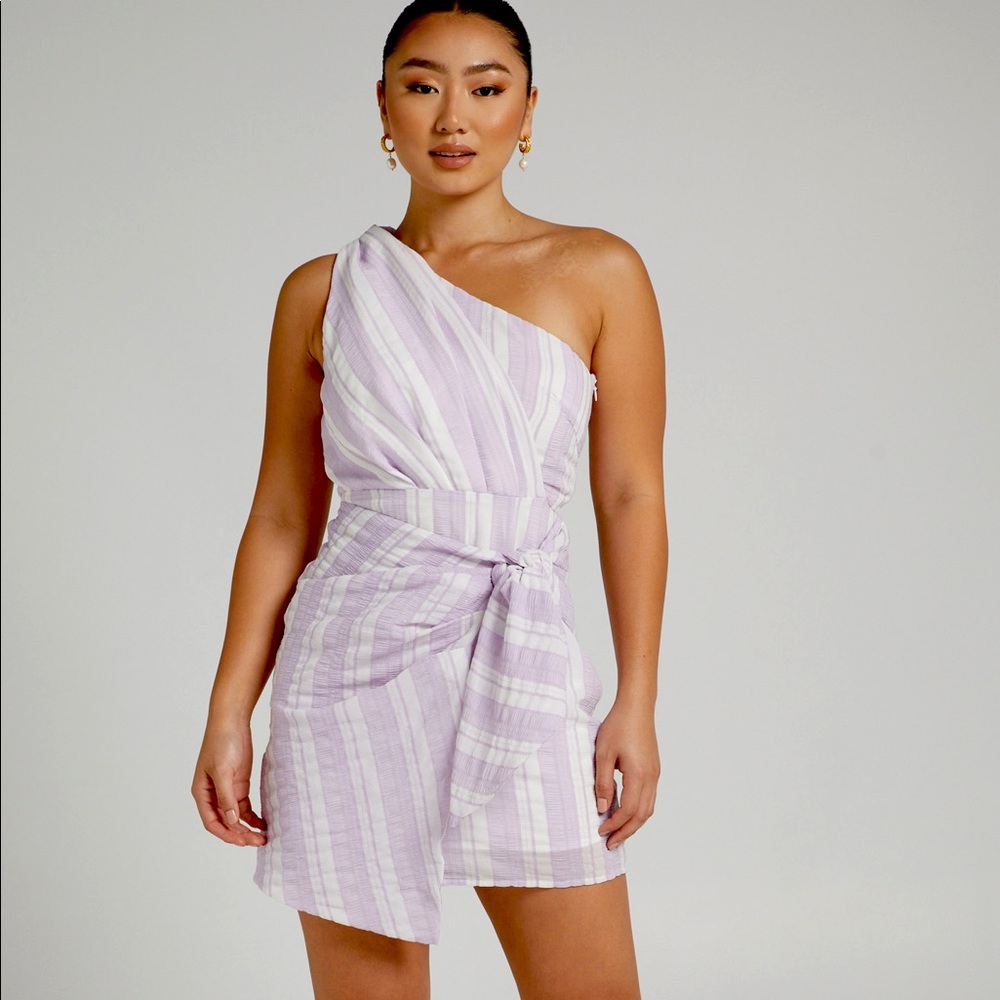 Showpo Brunie One Shoulder Mini Dress Stripe Lilac